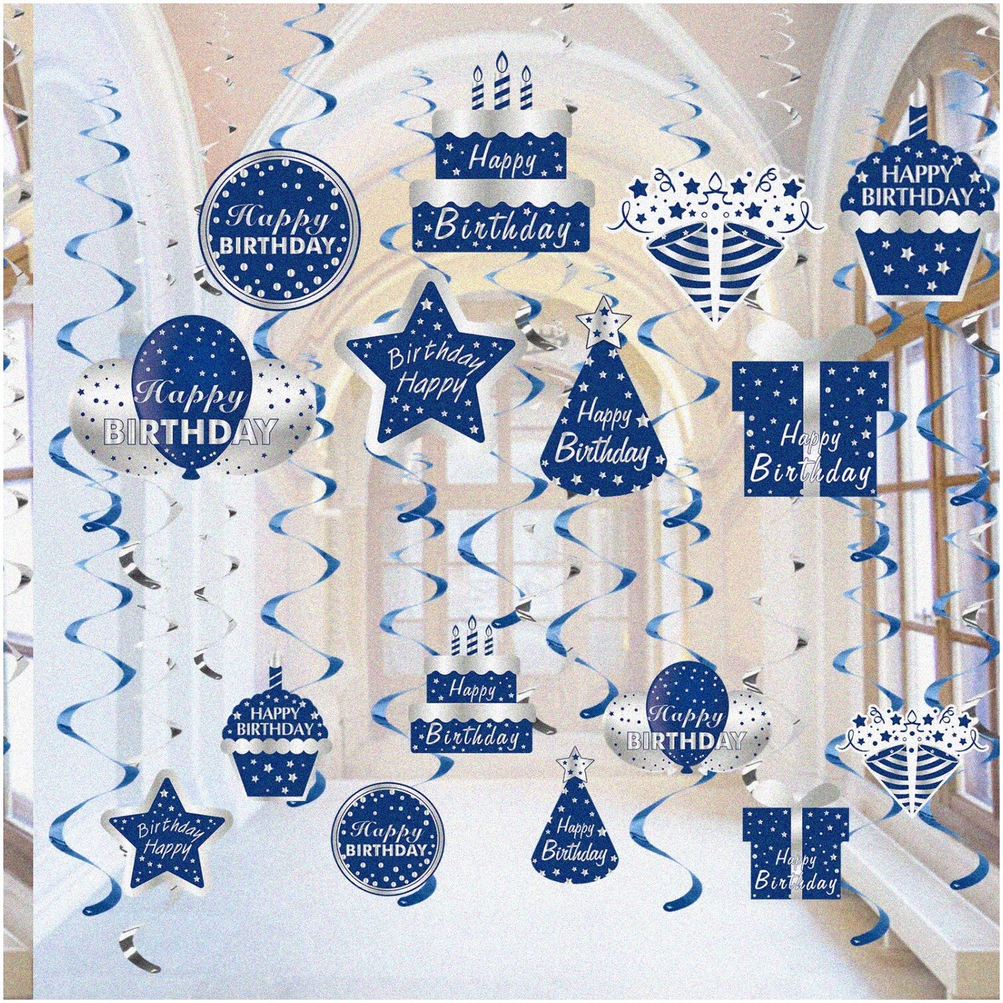 16Pcs Blue Silver Birthday Swirl Decorations for Men and Boys
