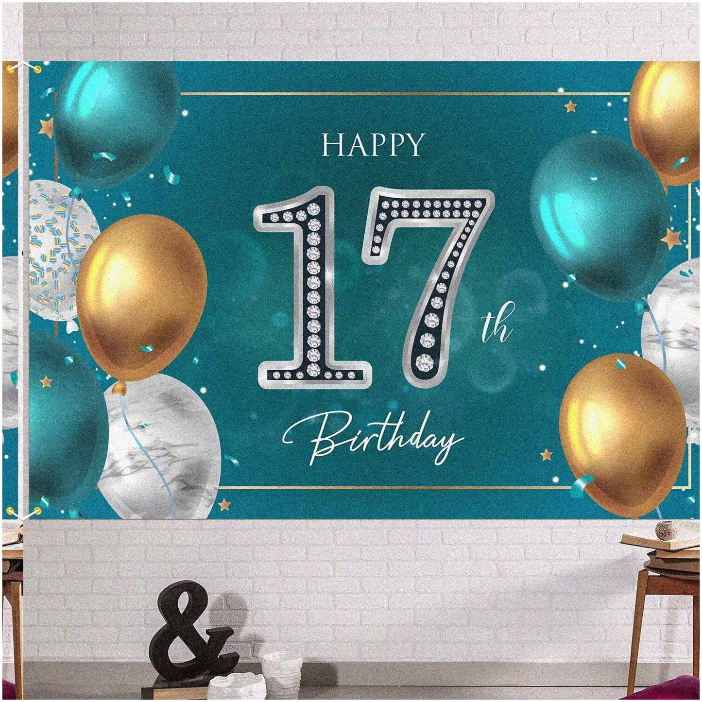 17th Birthday Celebration Backdrop 6x4ft Green Silver Polyester