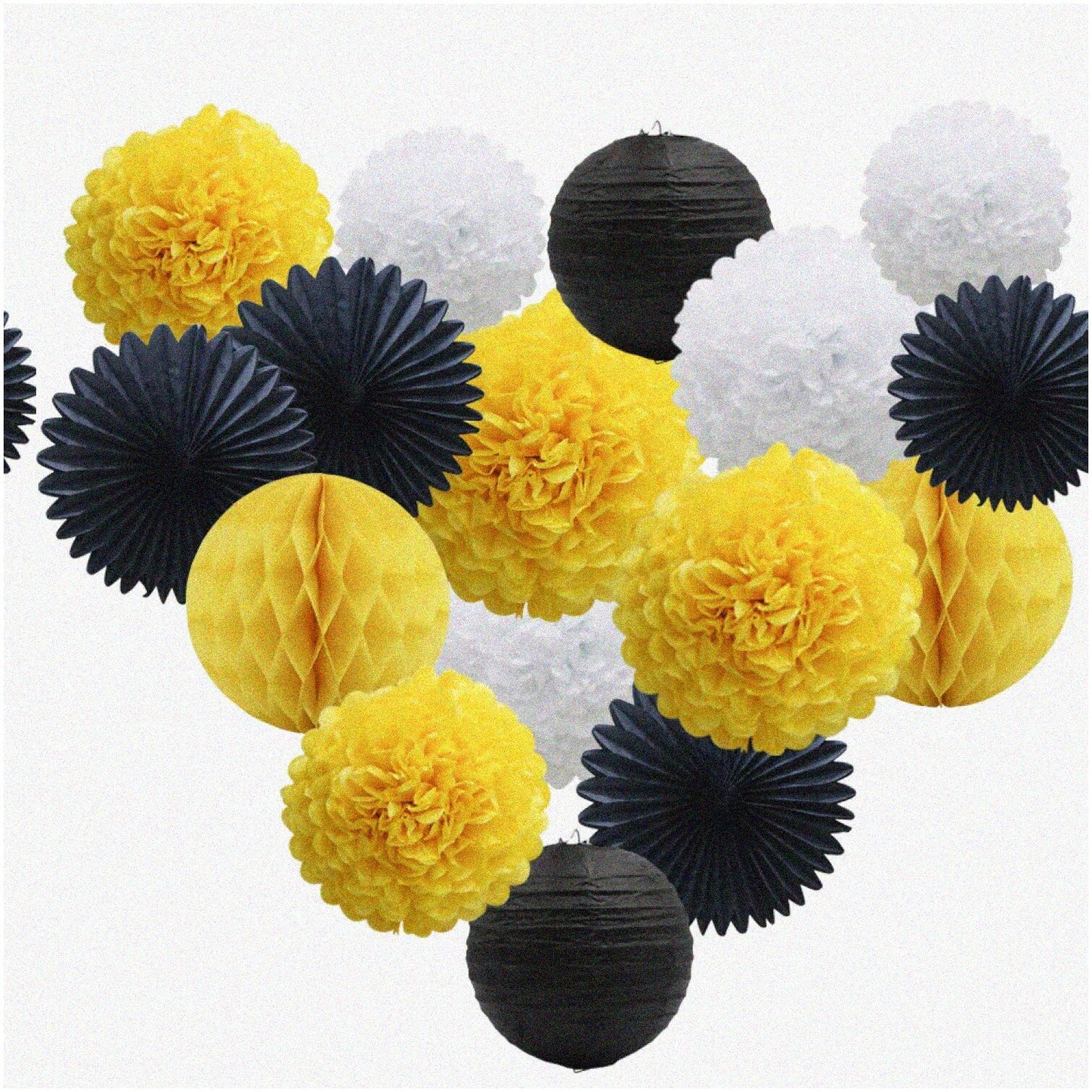 16pcs Yellow White Black Paper Pom Poms Honeycomb Lanterns Tissue Fans Decor Kit