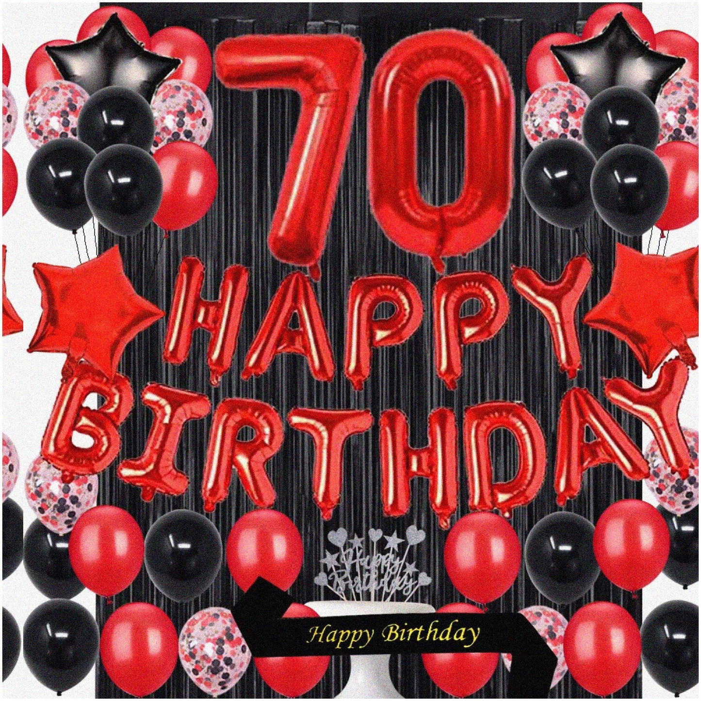 70th Birthday Party Kit with Balloons, Sash, Curtains, Star Balloons