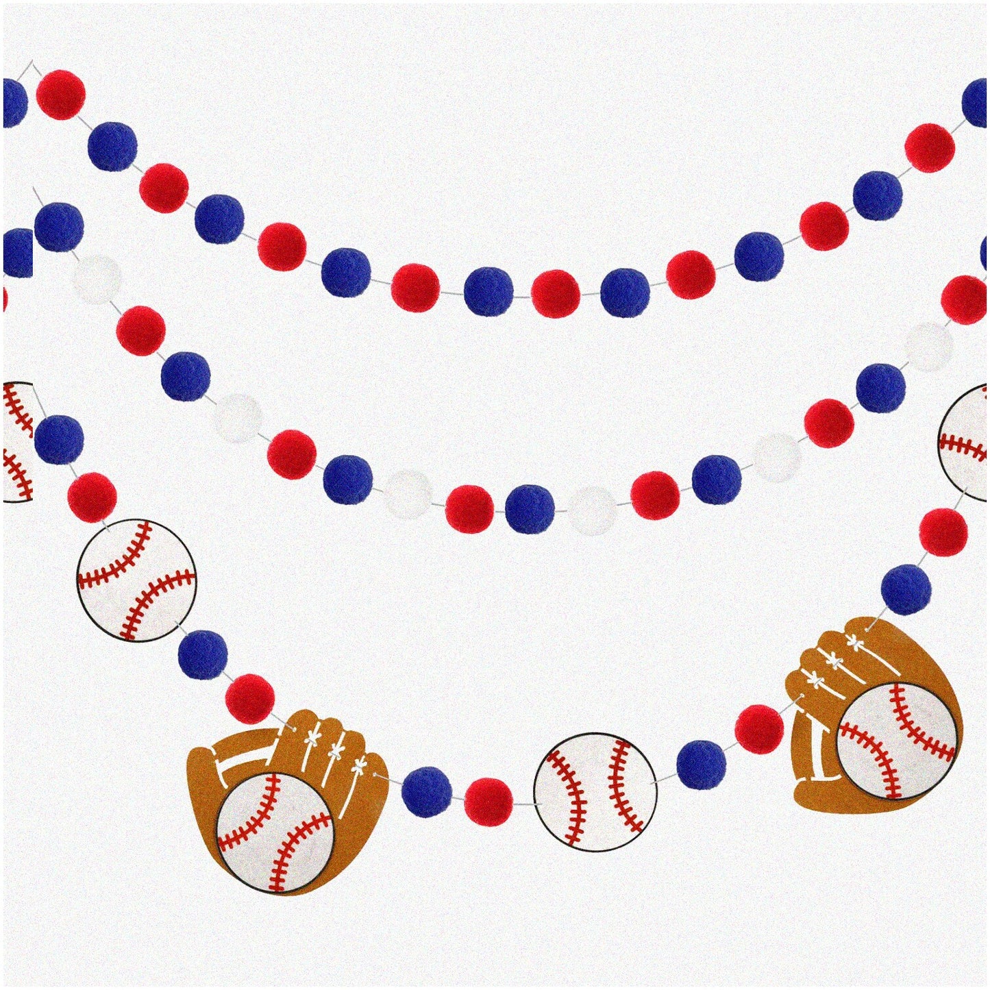 Baseball Pompom Garland 8.2 Feet Blue Red White Felt Balls
