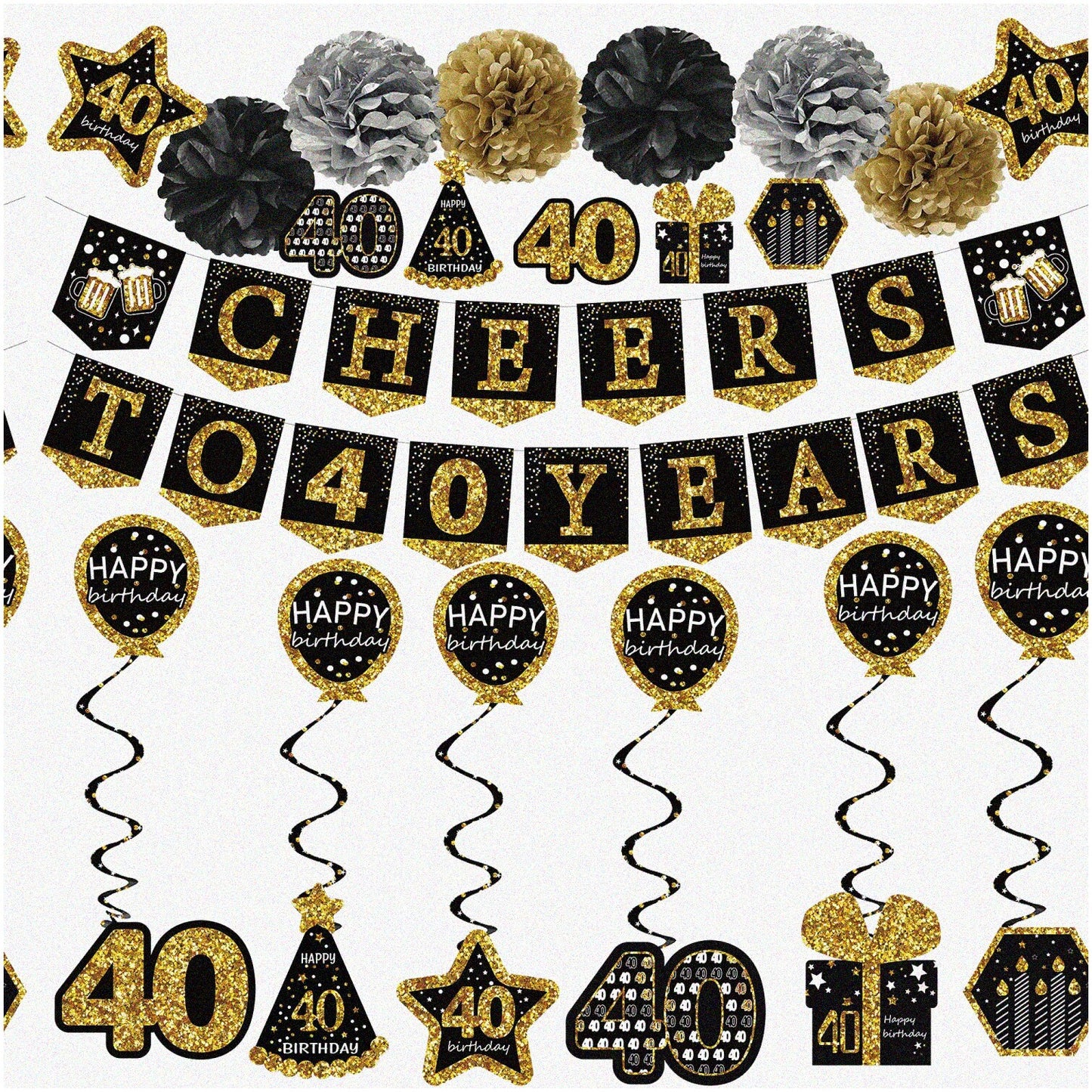 40th Birthday Celebration Kit Black Gold 21pc
