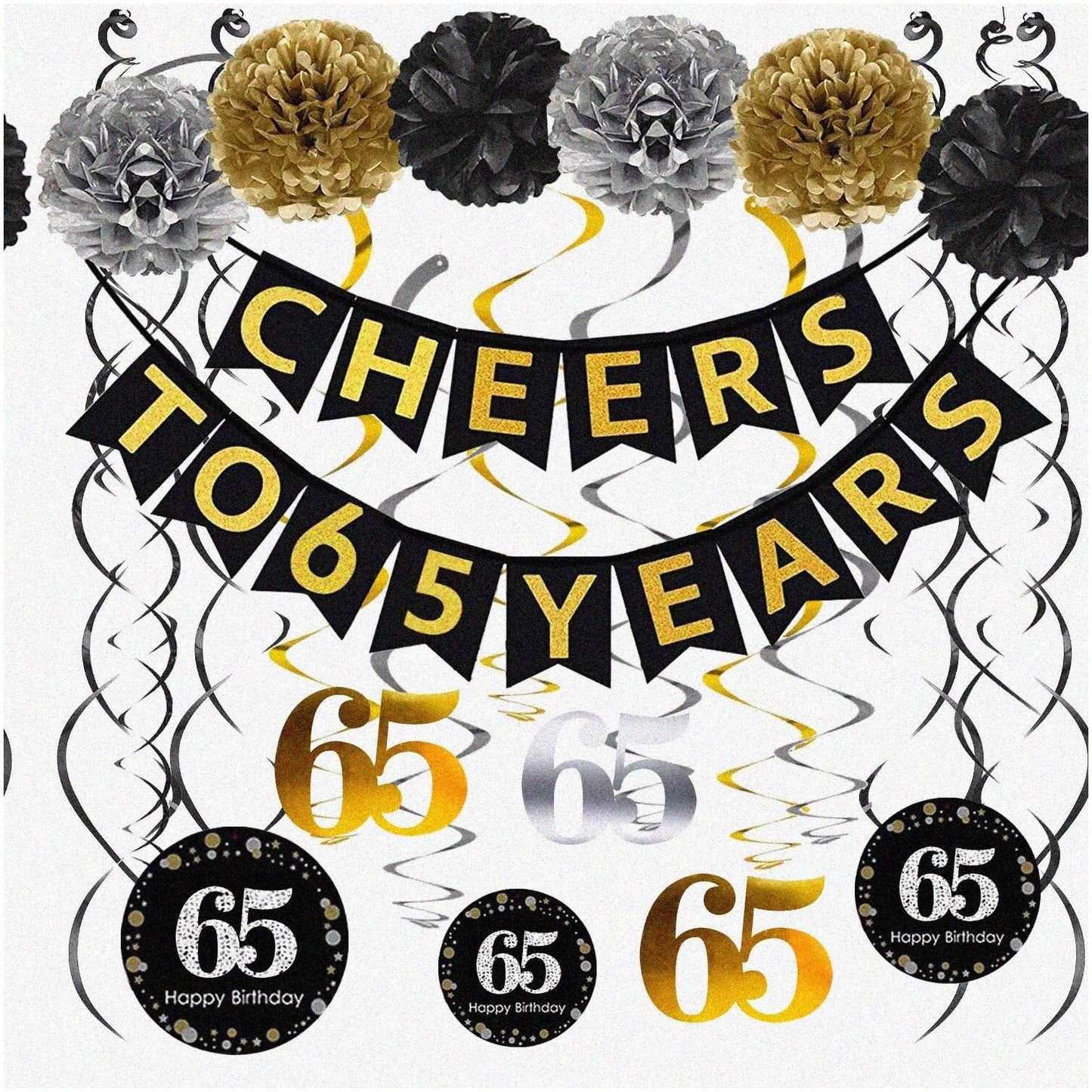 65th Birthday Party Decorations Set with Banner, Poms, and Swirls