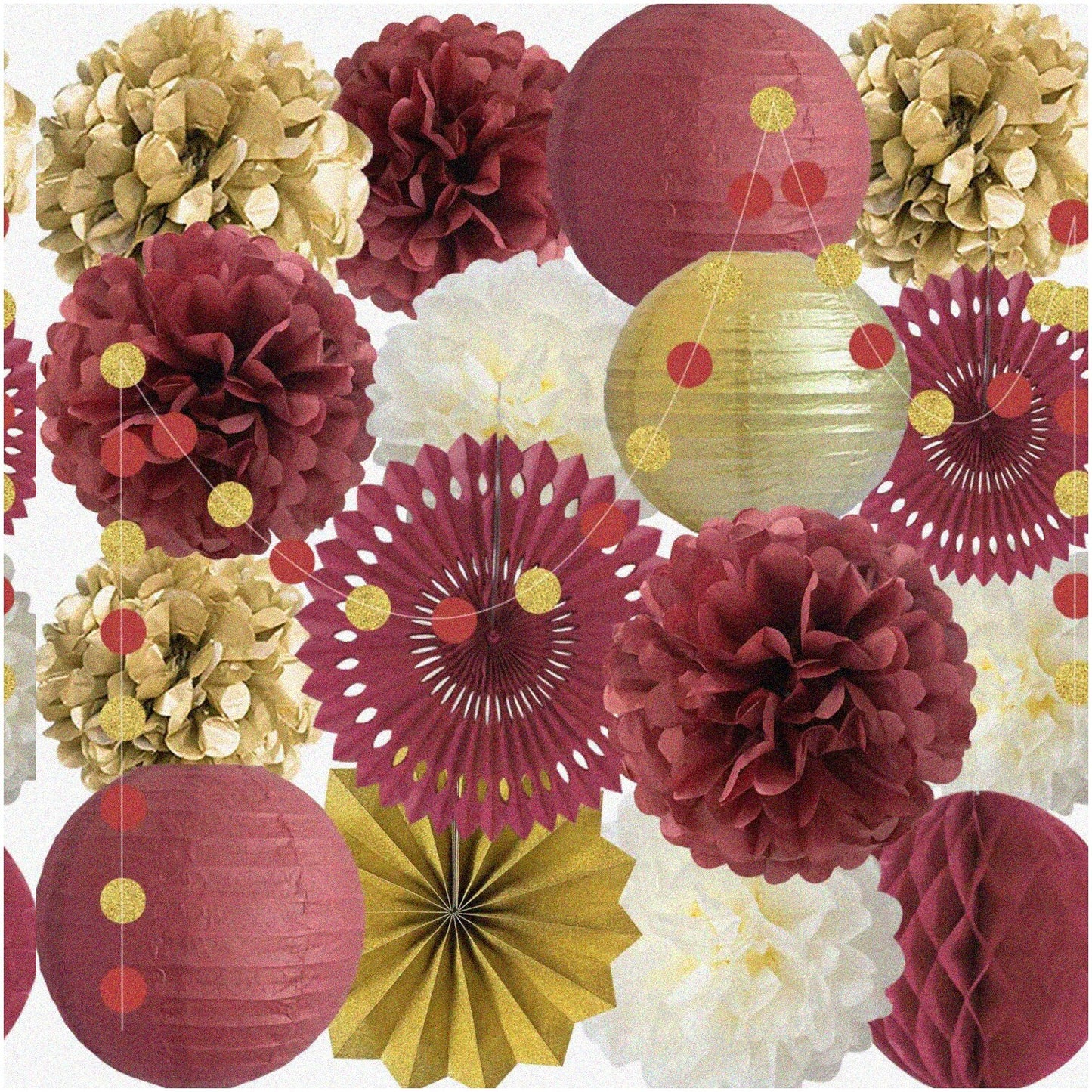 Maroon and Gold Party Decorations Set with Pom Poms, Lanterns, Fans, and Honeycomb Ball