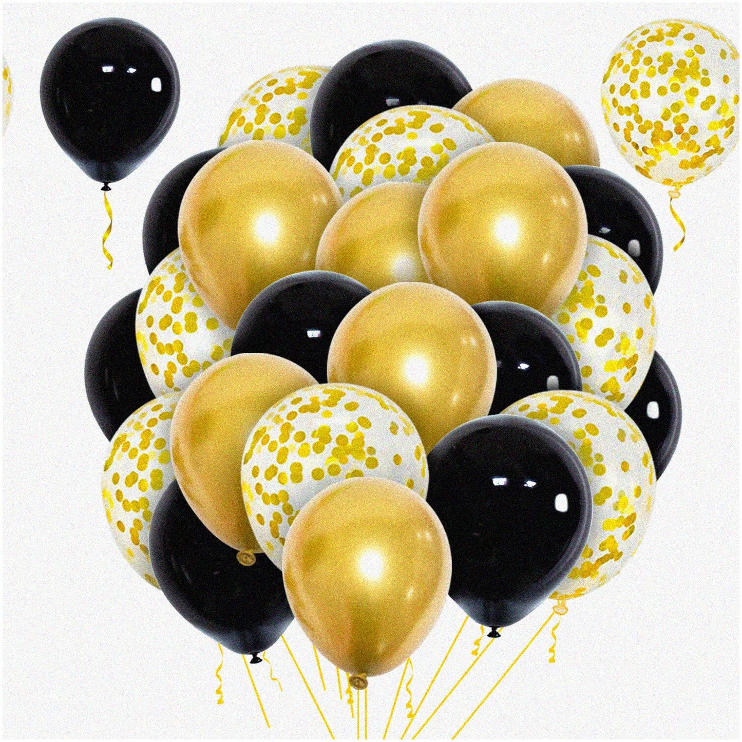 50 Pack Black and Gold Confetti Balloons with Ribbon