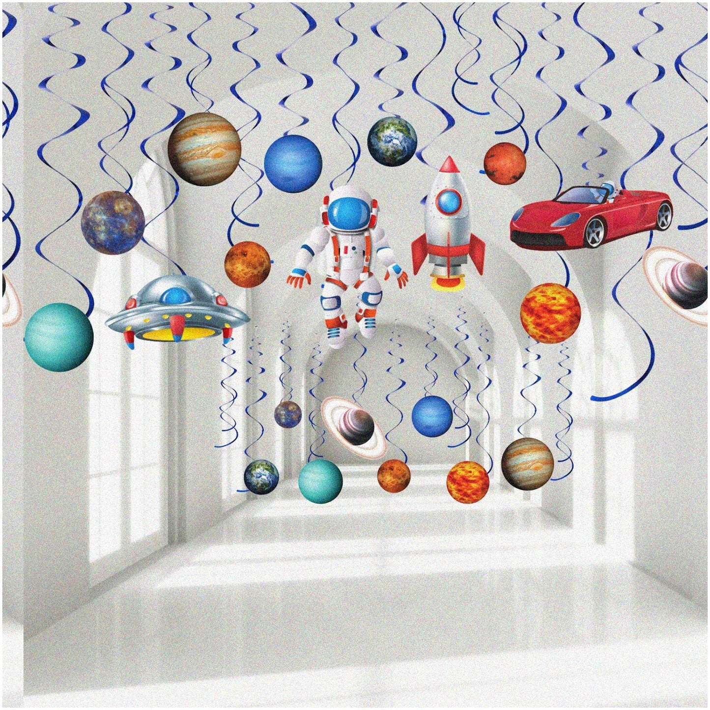 Blue Solar System Space Hanging Swirl Decorations, 30 Pieces