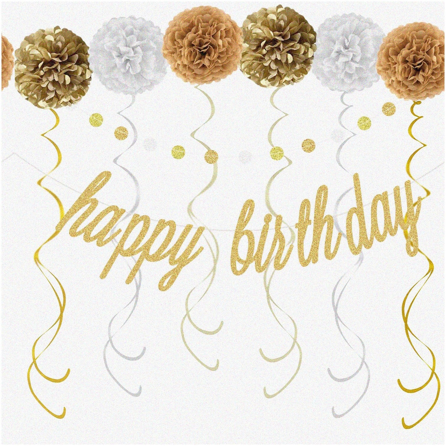 Golden Celebration Party Kit with Banner, Poms, Streamers, Garland