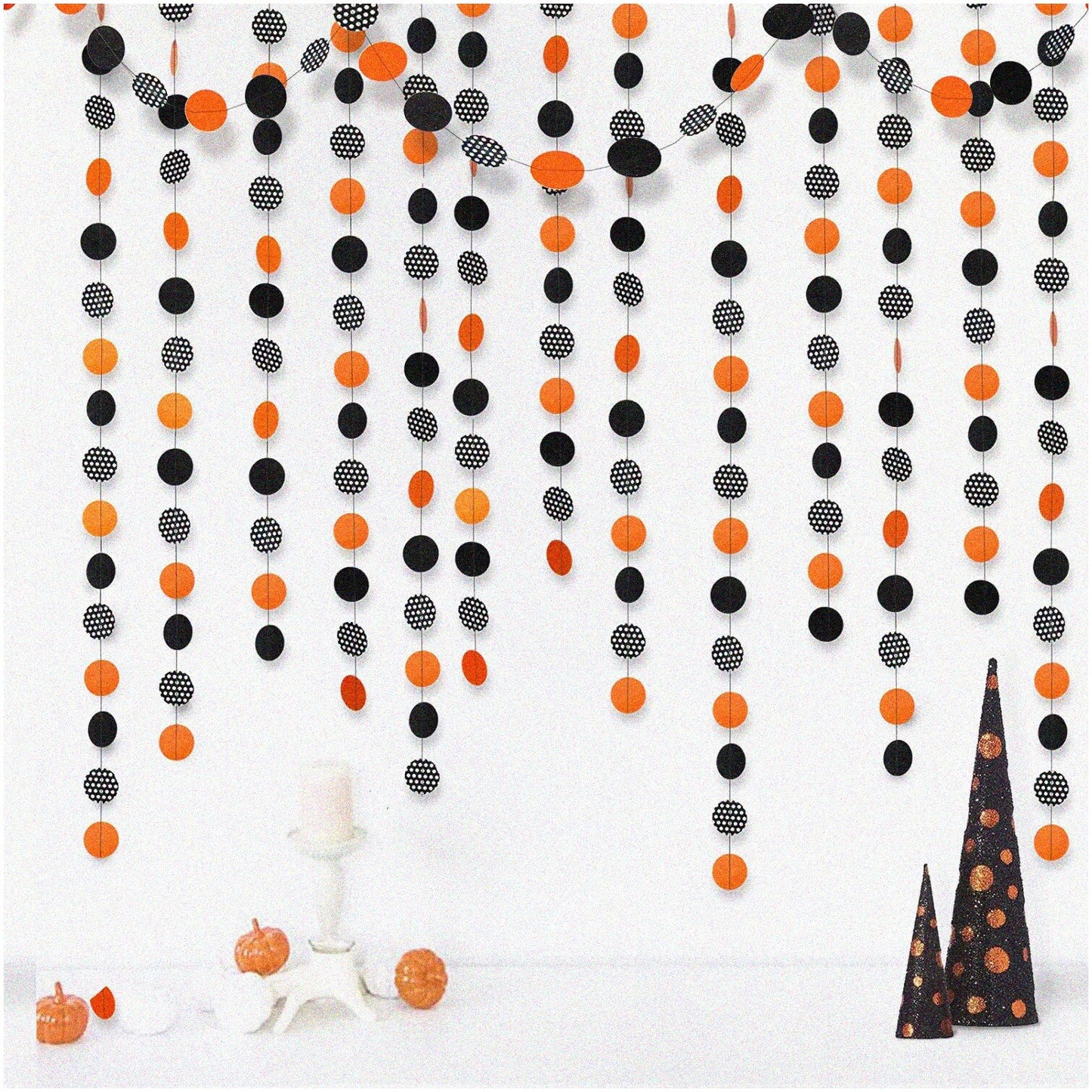 4-Pack Glitter Circle Garland 52ft Black Orange White Dots