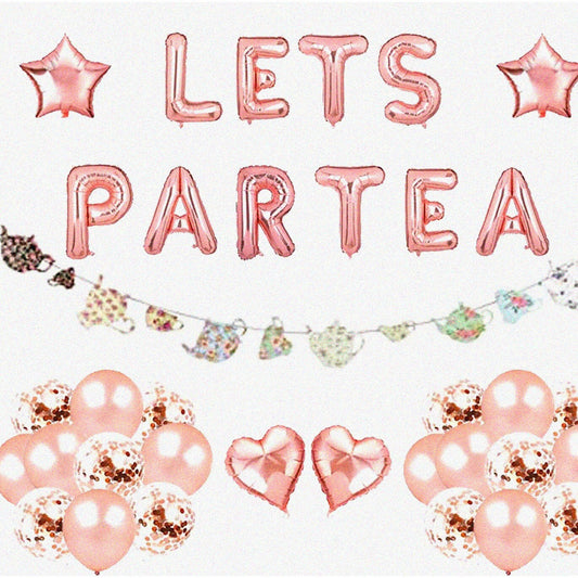Rose Gold Tea Party Decor Set with Banner and Balloons