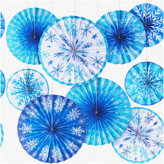 9-Piece Blue and White Snowflake Hanging Paper Fans