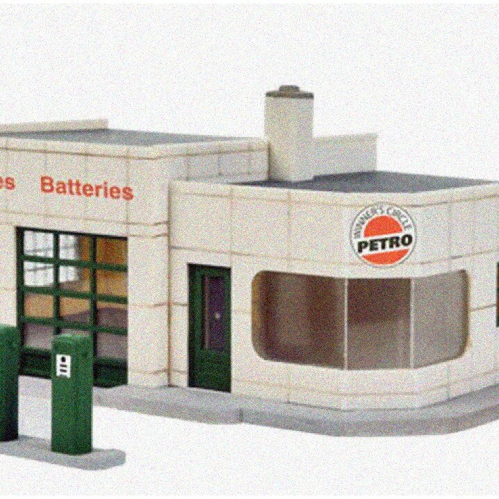 HO Scale Gas Station Model with Signs and Pumps
