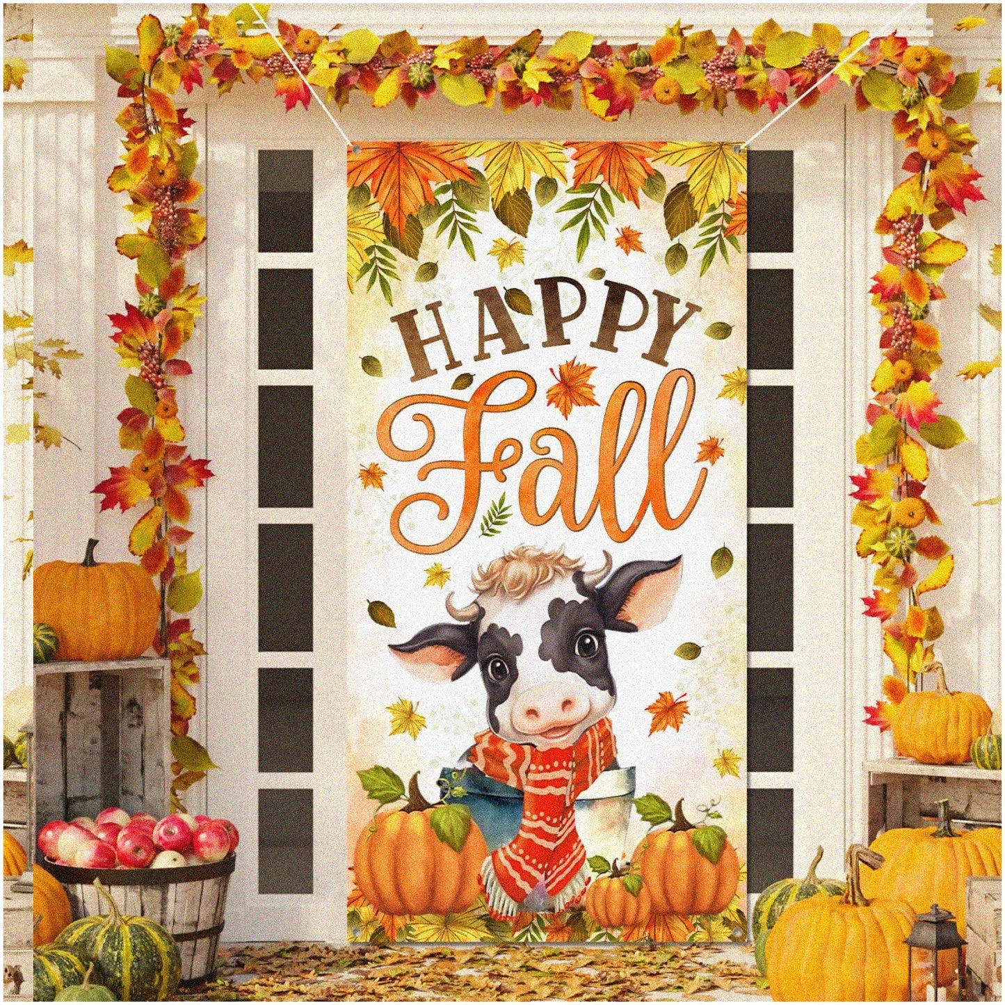 Autumn Harvest Door Cover Baby Cow Pumpkin Banner