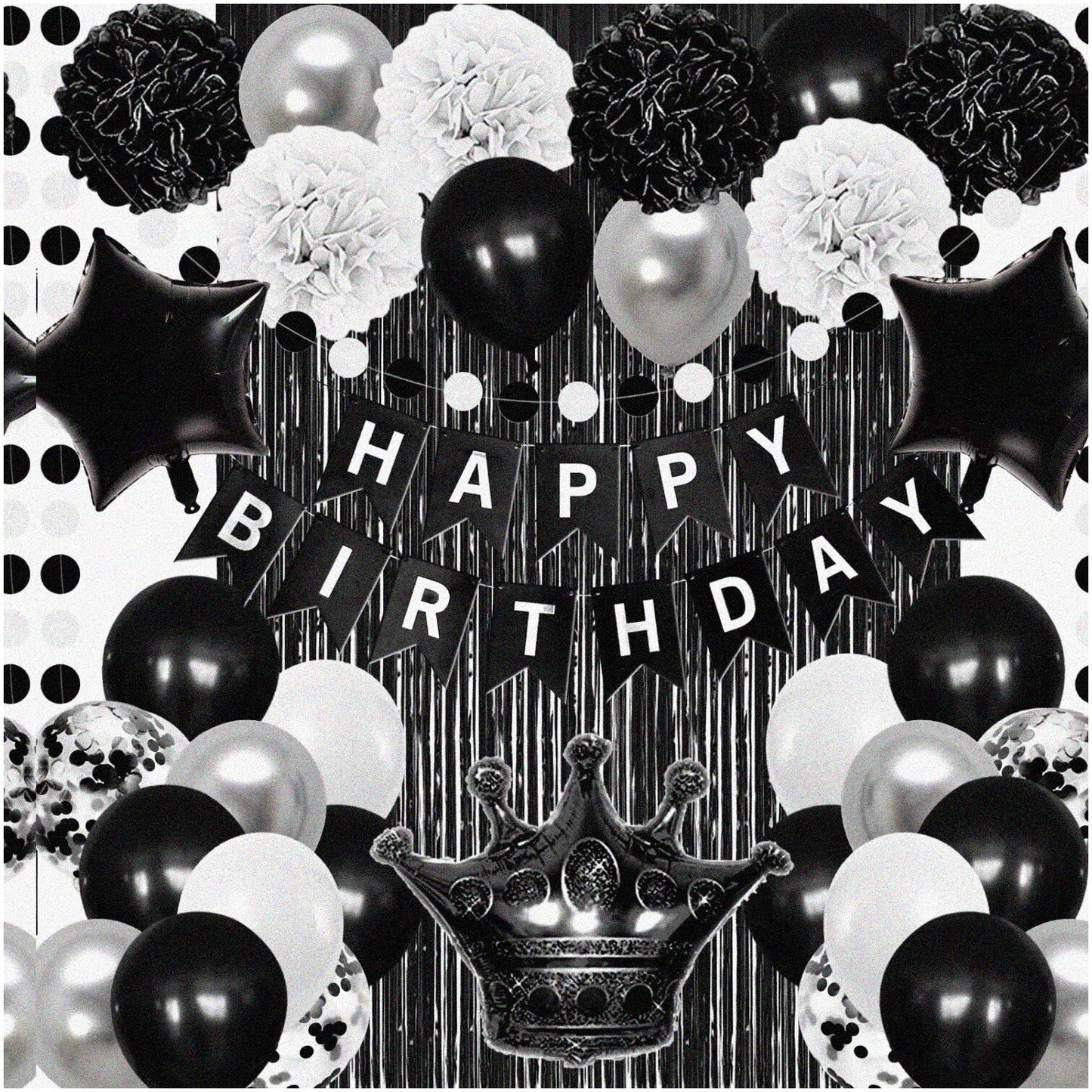 Monochrome Birthday Celebration Kit with Balloons and Fringe