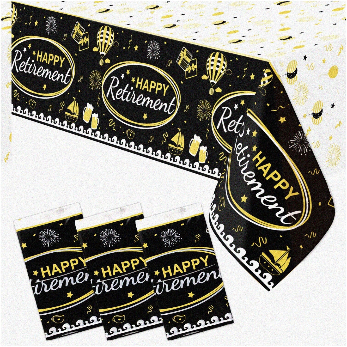 Disposable Plastic Tablecloth Set, Black and Gold, 54" x 108" (3 Pieces)