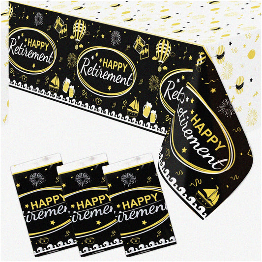 Disposable Plastic Tablecloth Set, Black and Gold, 54" x 108" (3 Pieces)