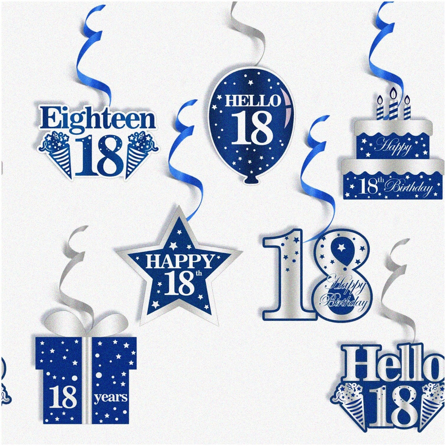 18th Birthday Hanging Swirl Decorations Navy Blue White Silver Set