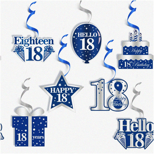 18th Birthday Hanging Swirl Decorations Navy Blue White Silver Set
