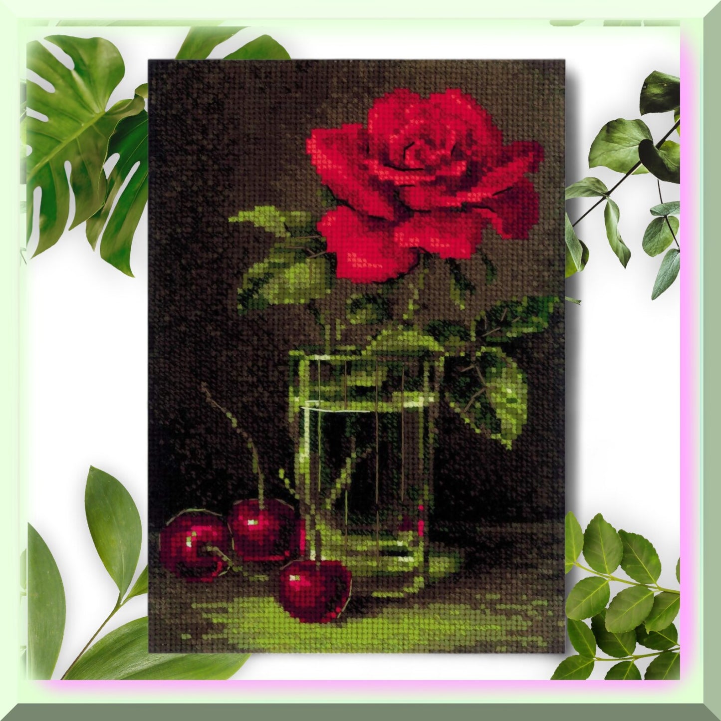 Cross Stitch Kit with Floral Rose and Cherry Design
