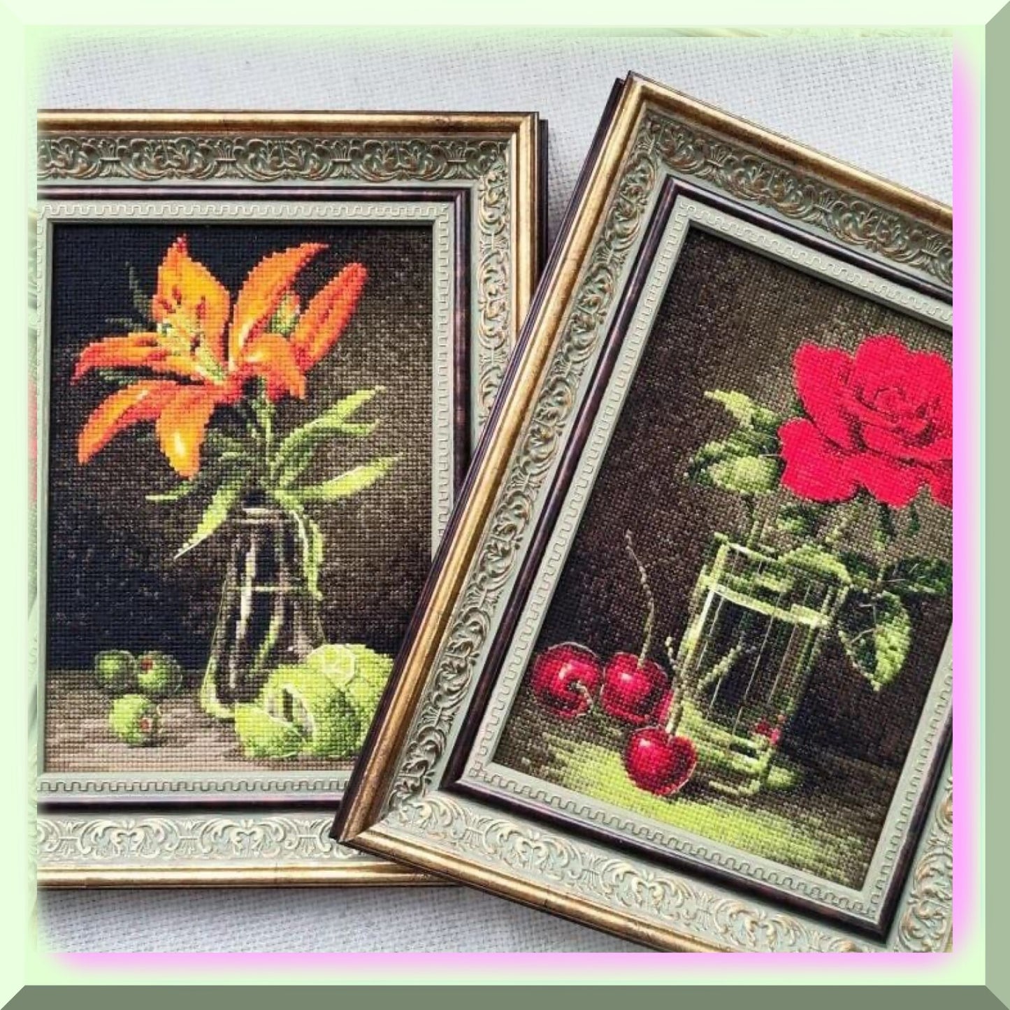 Cross Stitch Kit with Floral Rose and Cherry Design