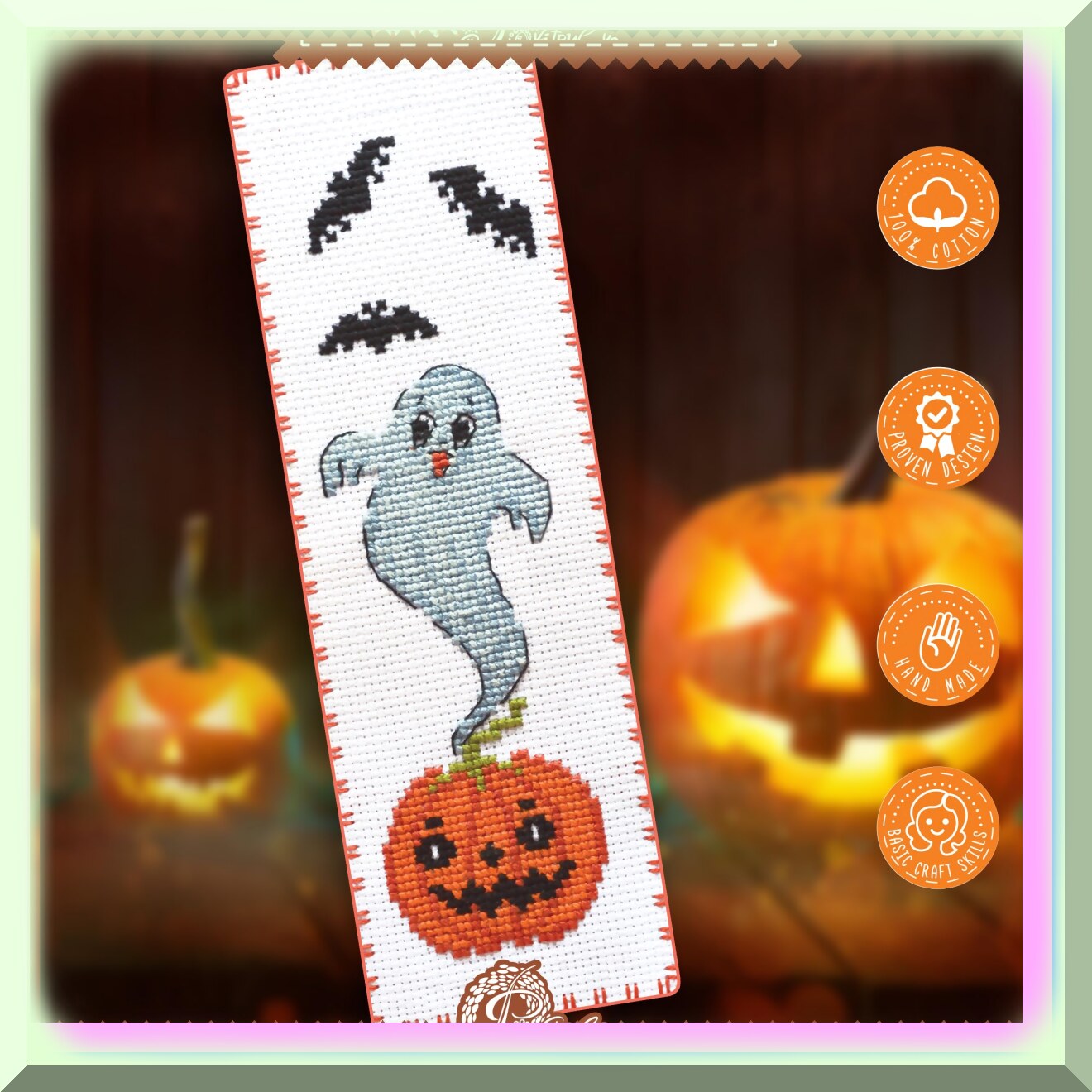 DIY Pumpkin Ghost Cross Stitch Bookmark Kit for Adults