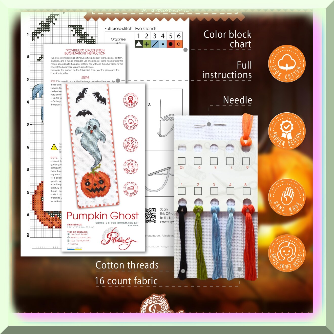 DIY Pumpkin Ghost Cross Stitch Bookmark Kit for Adults