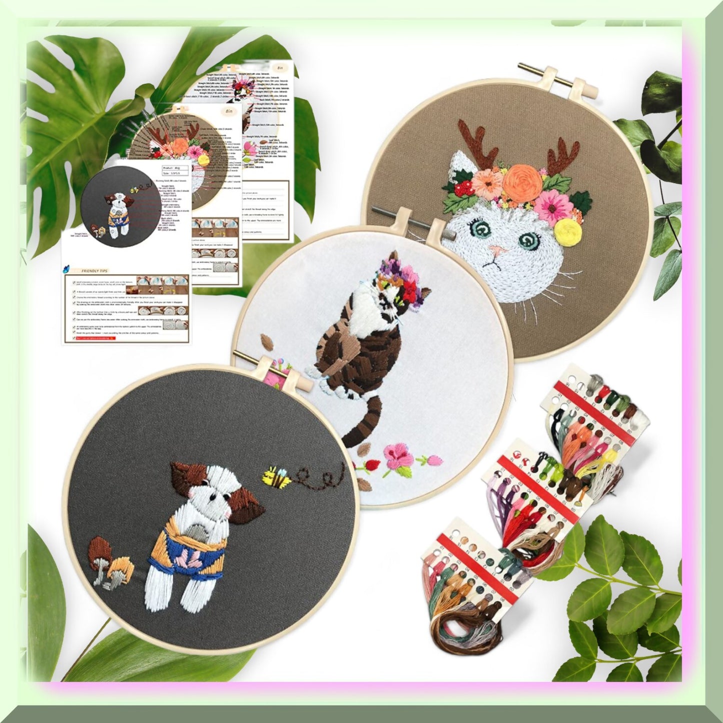 3-in-1 Cat Embroidery Kit for Beginners with Hoops and Threads