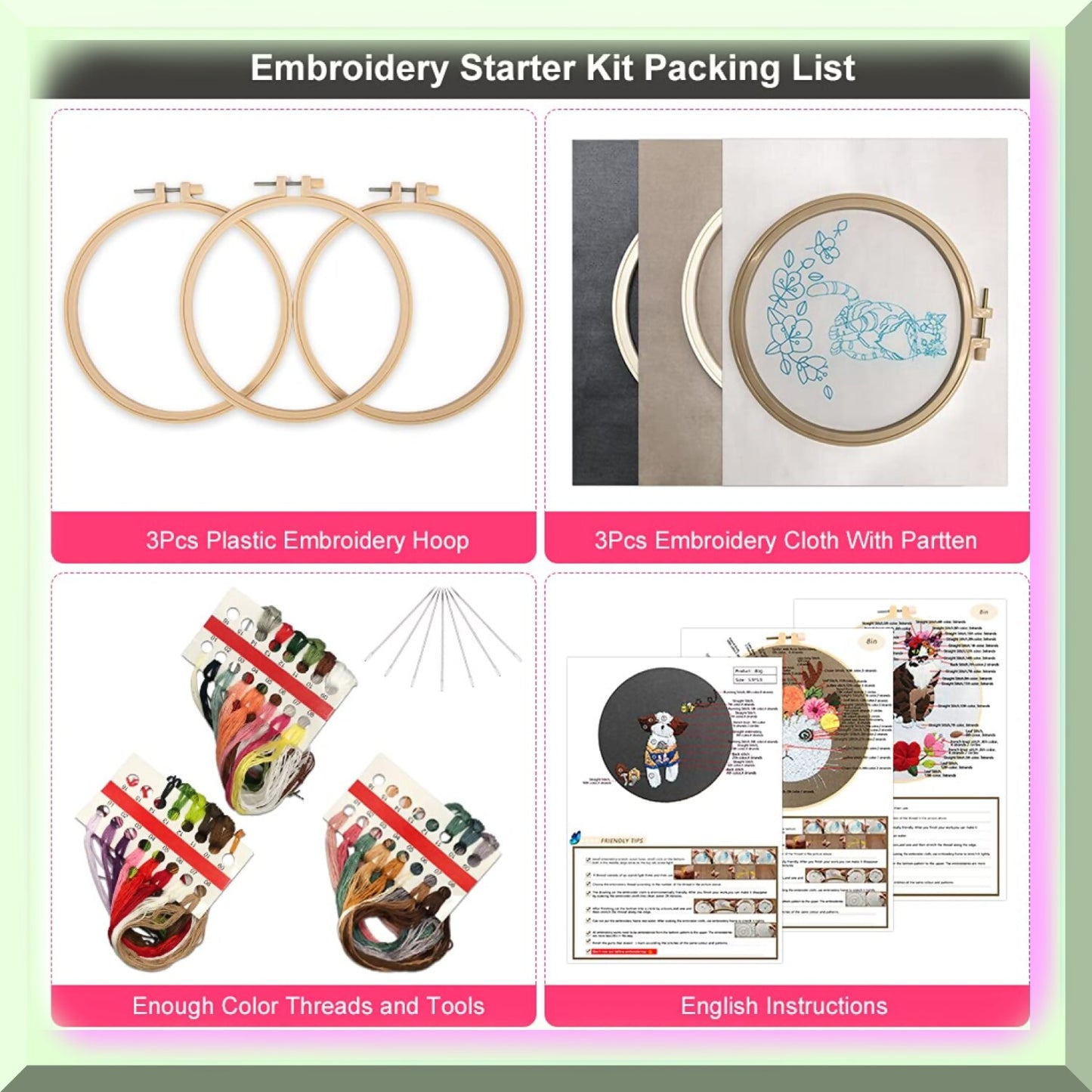 3-in-1 Cat Embroidery Kit for Beginners with Hoops and Threads