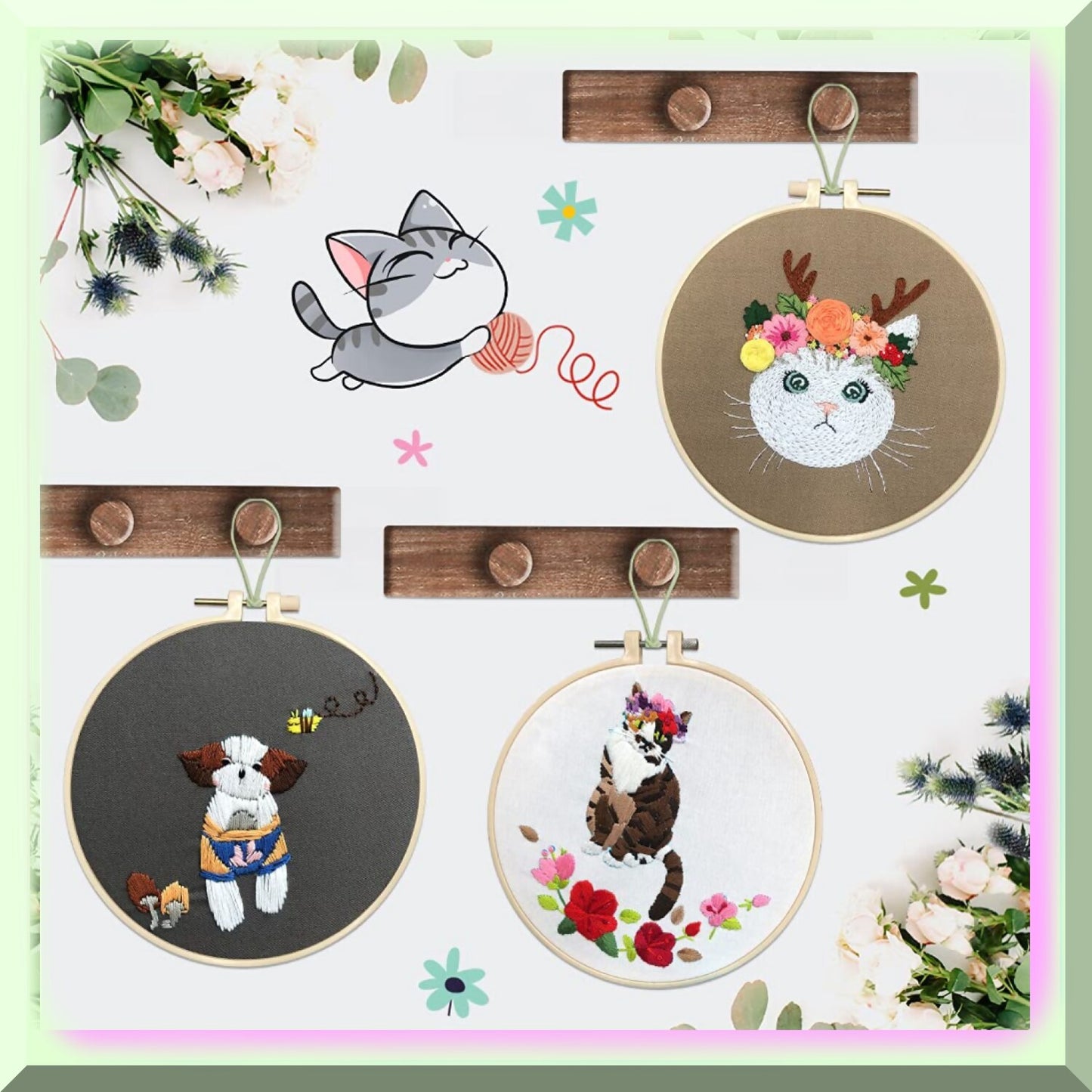 3-in-1 Cat Embroidery Kit for Beginners with Hoops and Threads