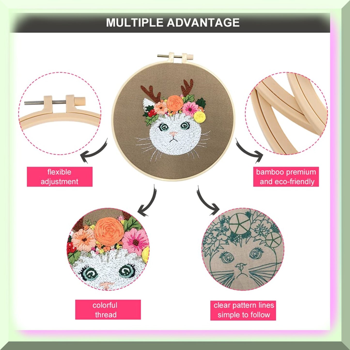 3-in-1 Cat Embroidery Kit for Beginners with Hoops and Threads
