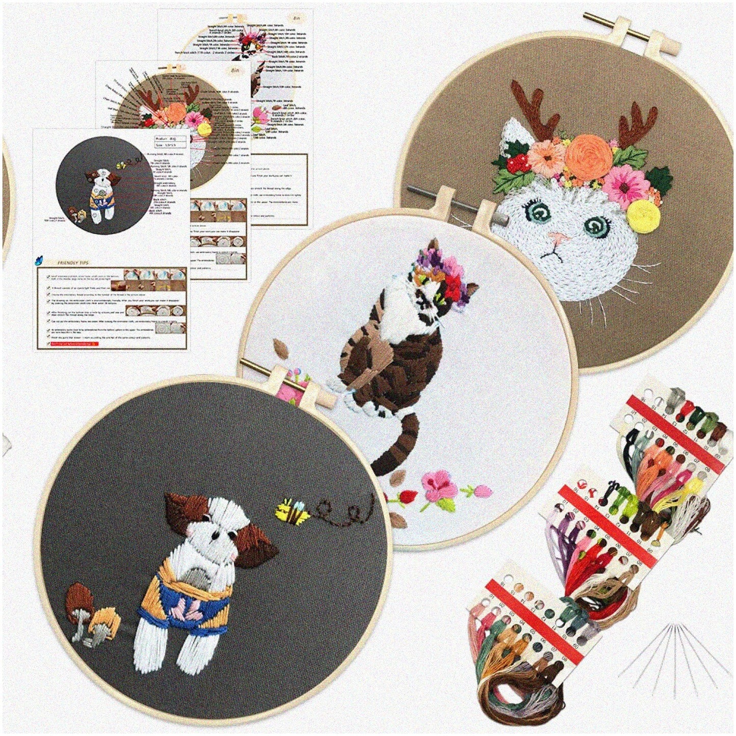 3-in-1 Cat Embroidery Kit for Beginners with Hoops and Threads