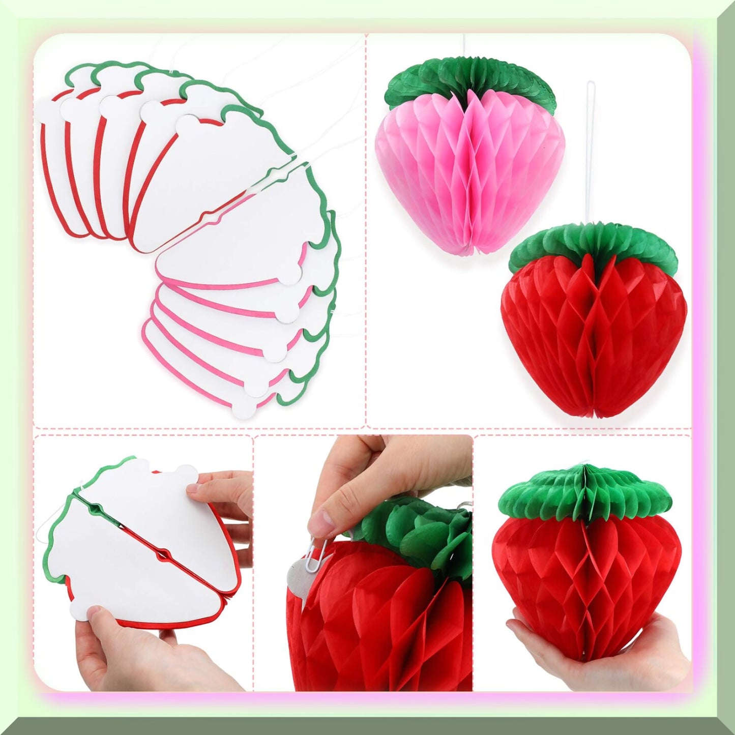 10 Pack Strawberry Honeycomb Balls 6 Inch Red Pink Green
