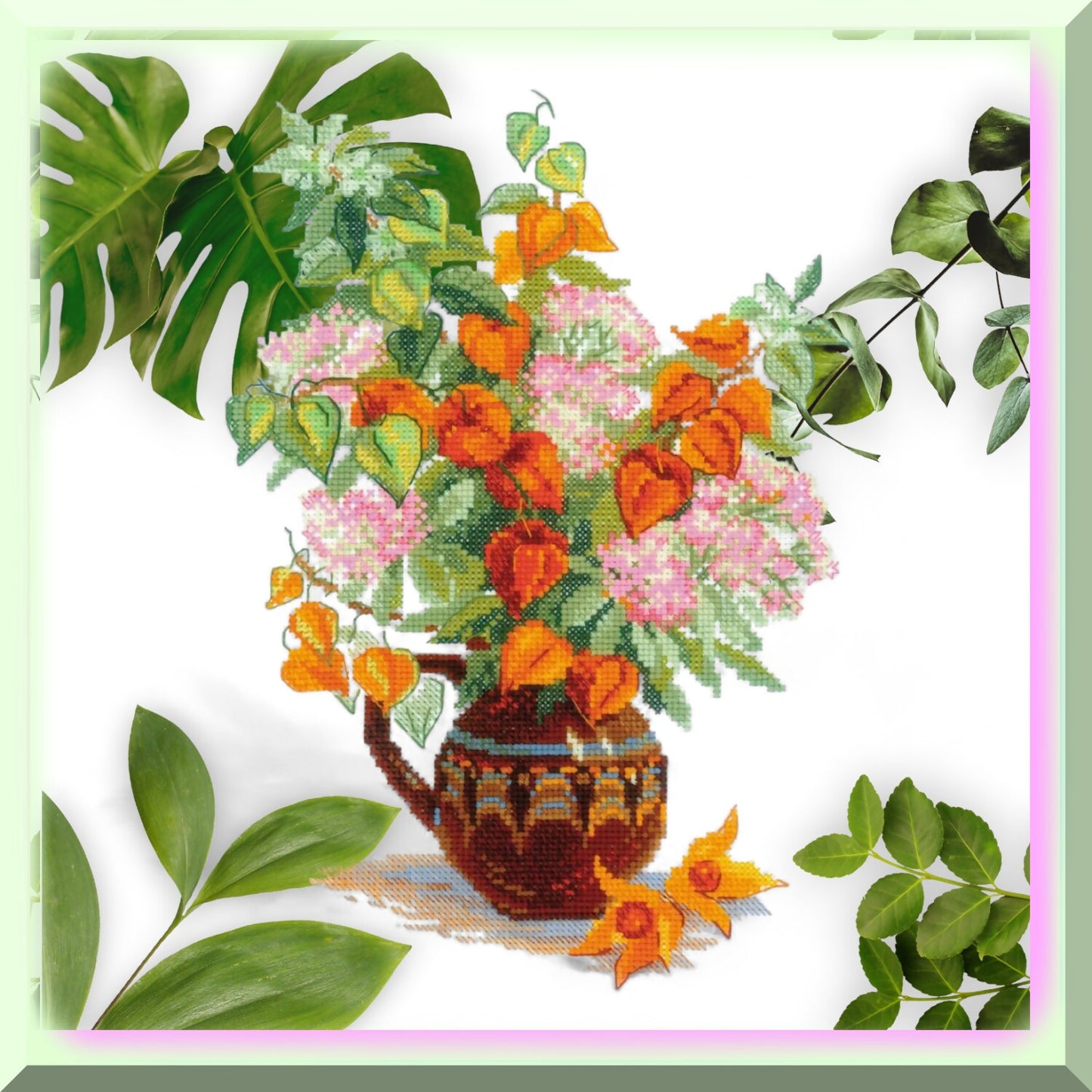 Cross Stitch Kit with Physalis Bouquet and 14ct Aida Fabric