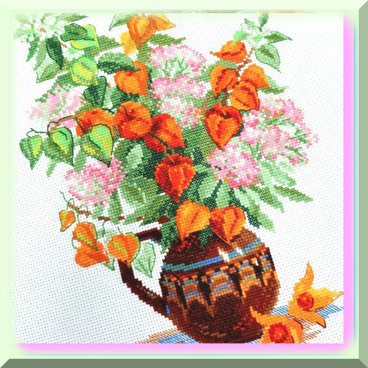 Cross Stitch Kit with Physalis Bouquet and 14ct Aida Fabric