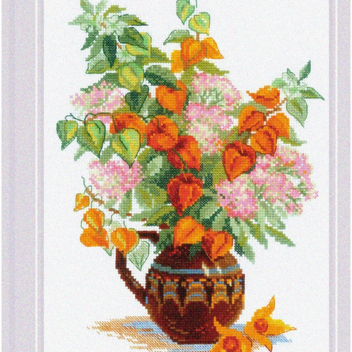 Cross Stitch Kit with Physalis Bouquet and 14ct Aida Fabric