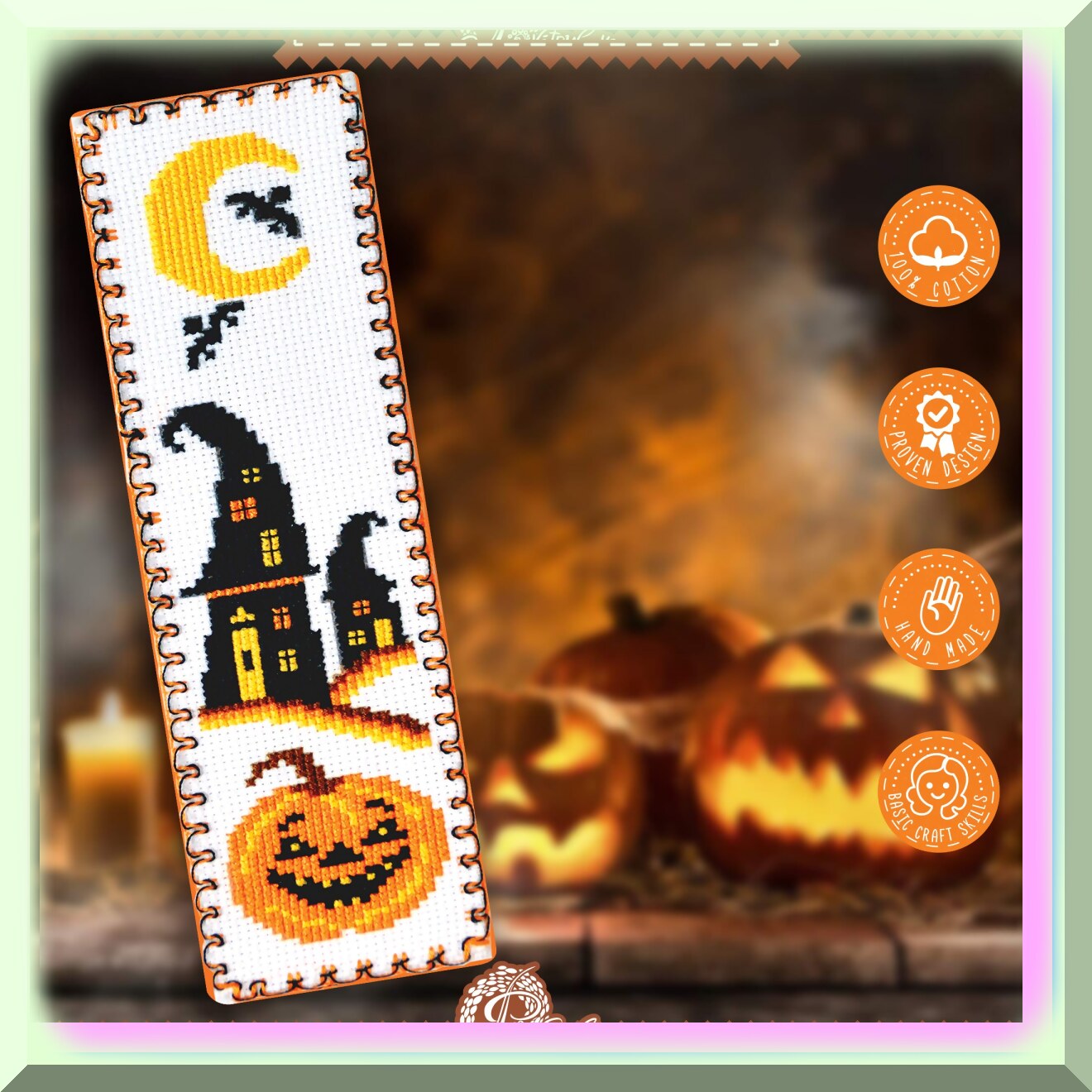 Spooky Pumpkin Jack-o'-Lantern Cross Stitch Bookmark Kit