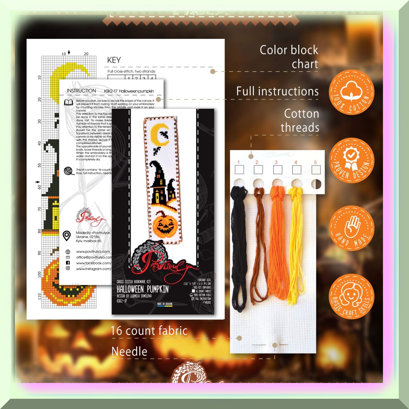 Spooky Pumpkin Jack-o'-Lantern Cross Stitch Bookmark Kit