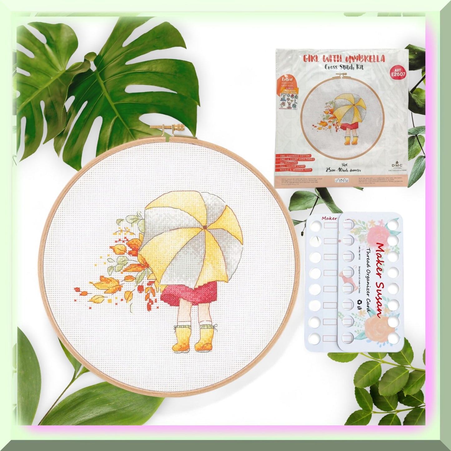 Rainy Day Cross Stitch Kit with Umbrella Pattern for Beginners