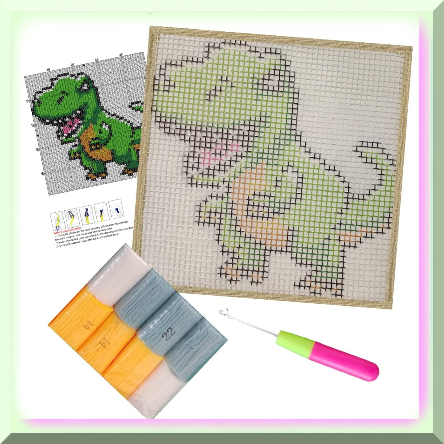 Dino-Print Latch Hook Rug Kit for Kids - Green Dinosaur Embroidery Set