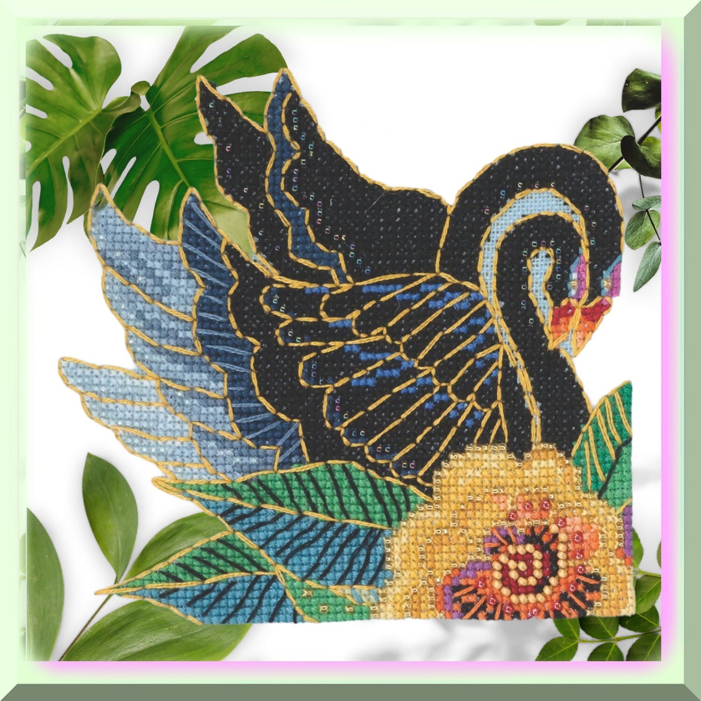 Black Swans Cross Stitch Kit with Beads and Linen