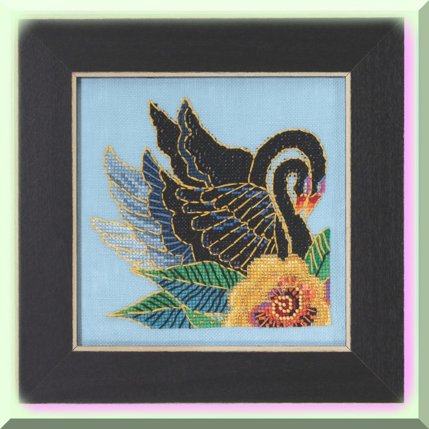 Black Swans Cross Stitch Kit with Beads and Linen