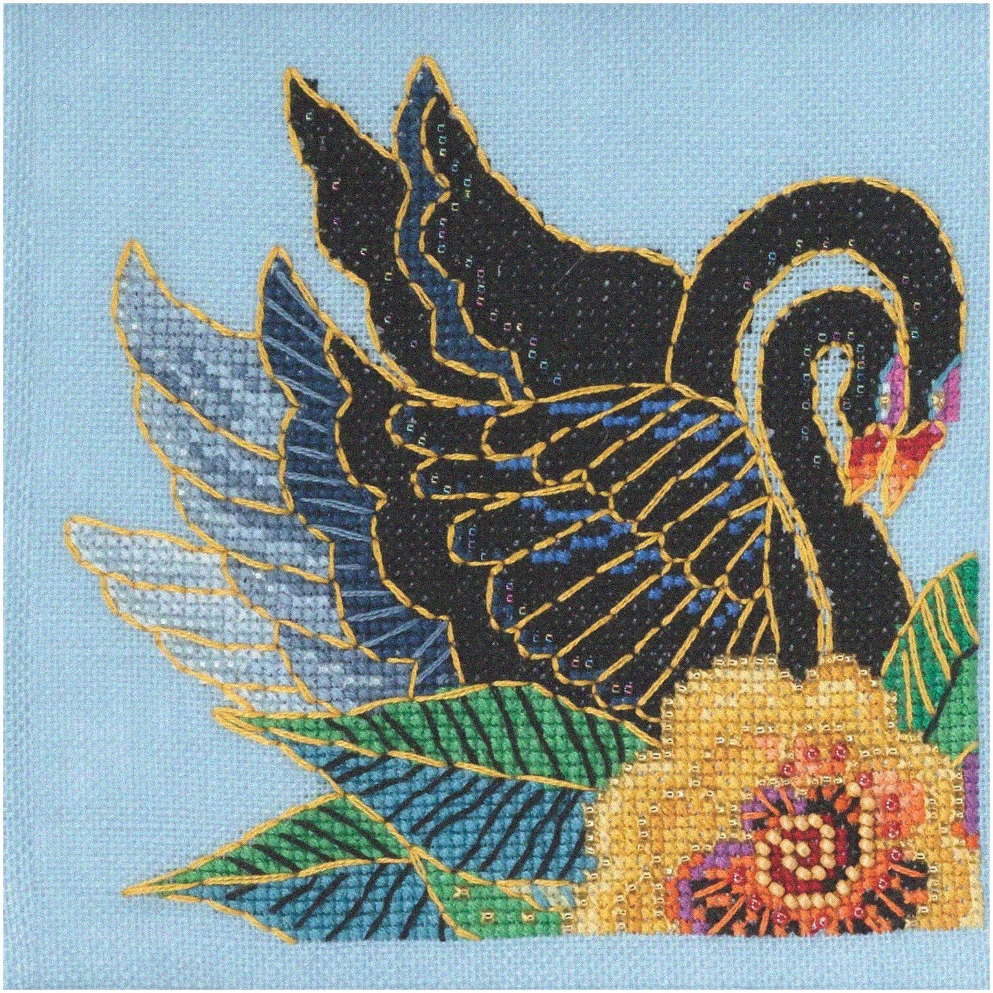 Black Swans Cross Stitch Kit with Beads and Linen