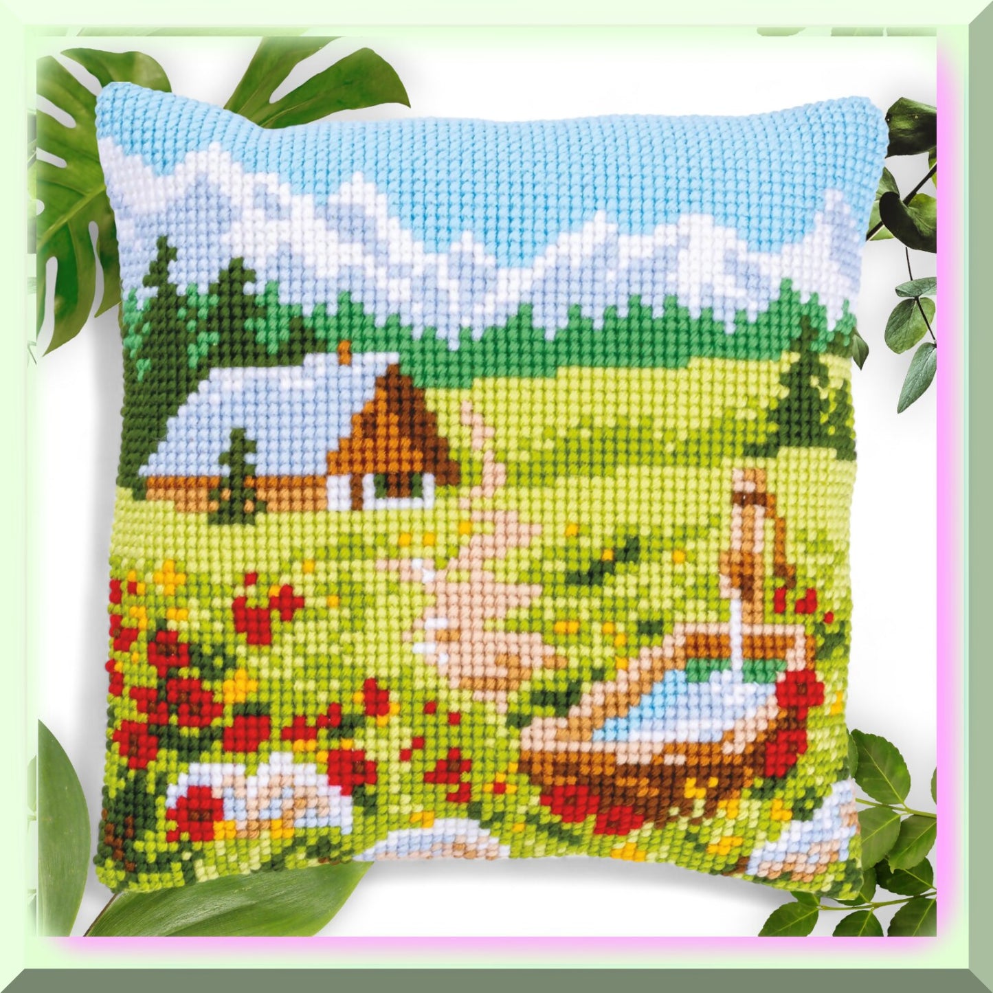 Alpine Bloom Cross Stitch Pillow Kit for Home Decor