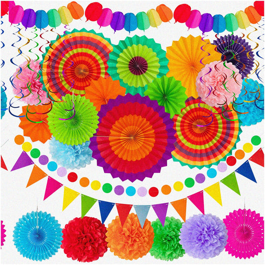 35PCS Party Decorations Set with Paper Fans, Pom Poms, Garland, Banner, Swirls
