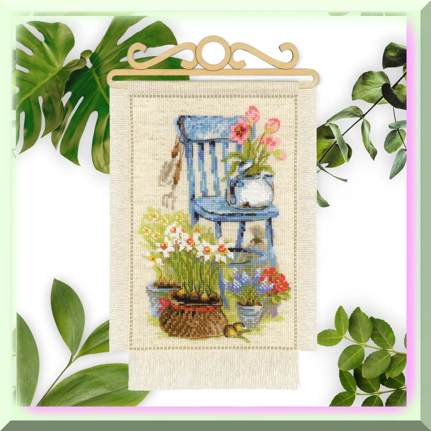Spring Garden Cross Stitch Kit with Vibrant Colors on 14 ct Flaxen Aida