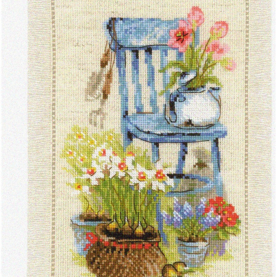 Spring Garden Cross Stitch Kit with Vibrant Colors on 14 ct Flaxen Aida
