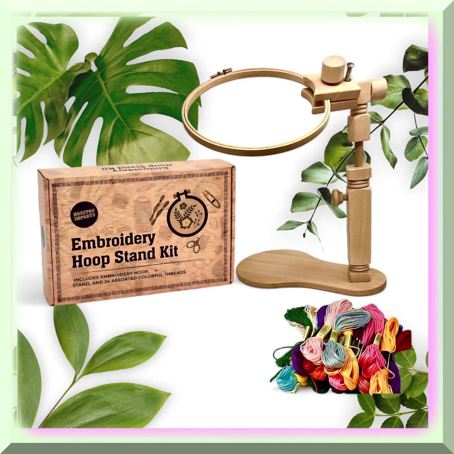Complete Hand Embroidery Kit with Hoop Stand and Colored Threads