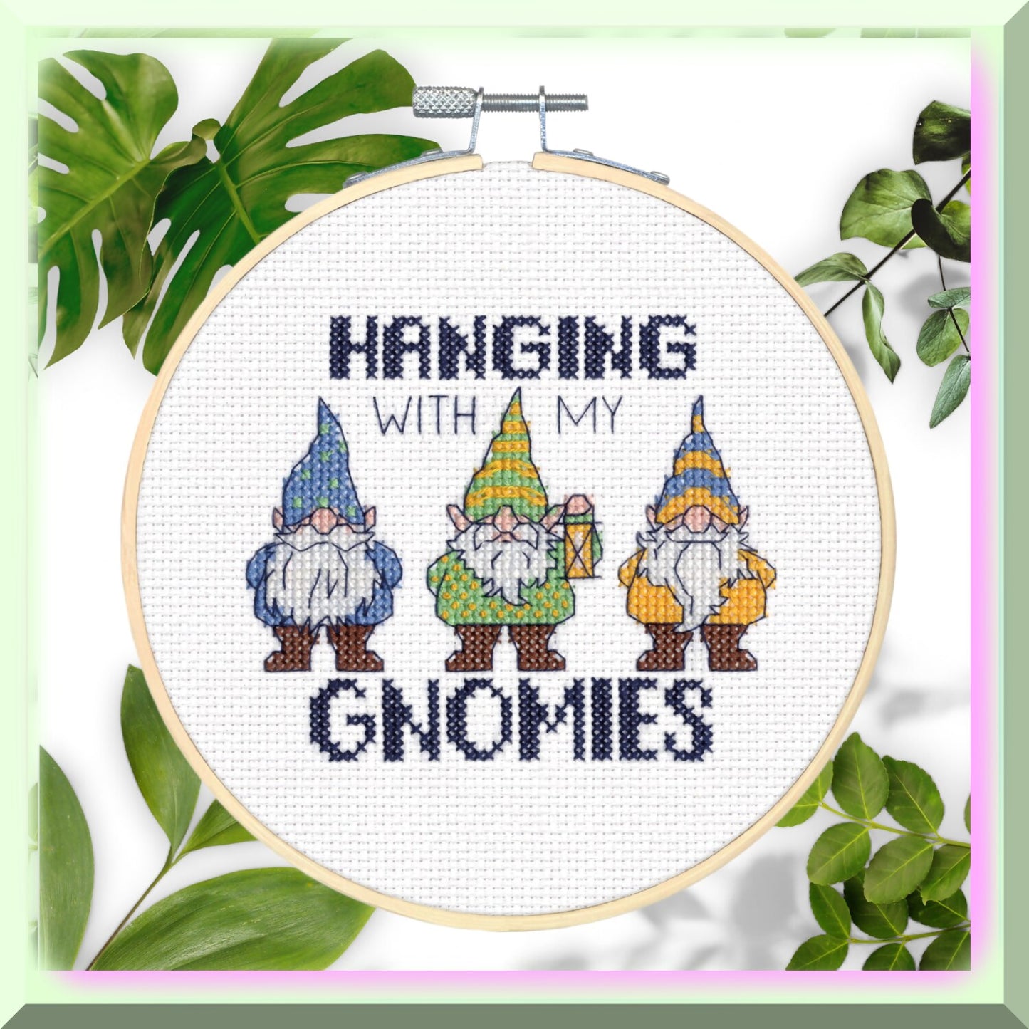 Colorful Gnomies Cross Stitch Kit with 14 Count White Aida