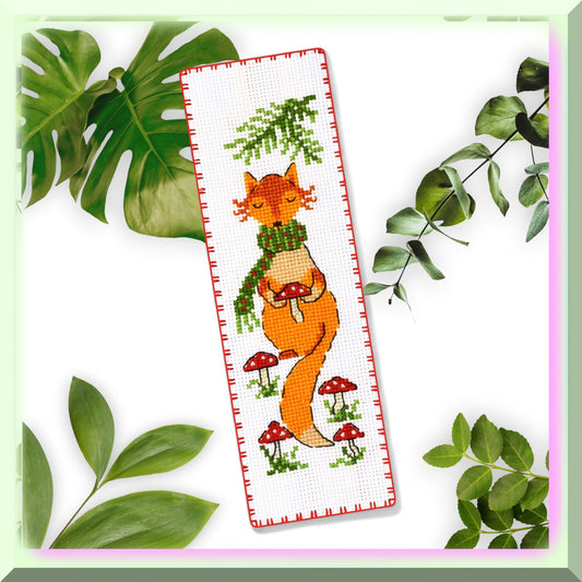 Cross Stitch Bookmark Kit with Red Fox and Mushroom Pattern