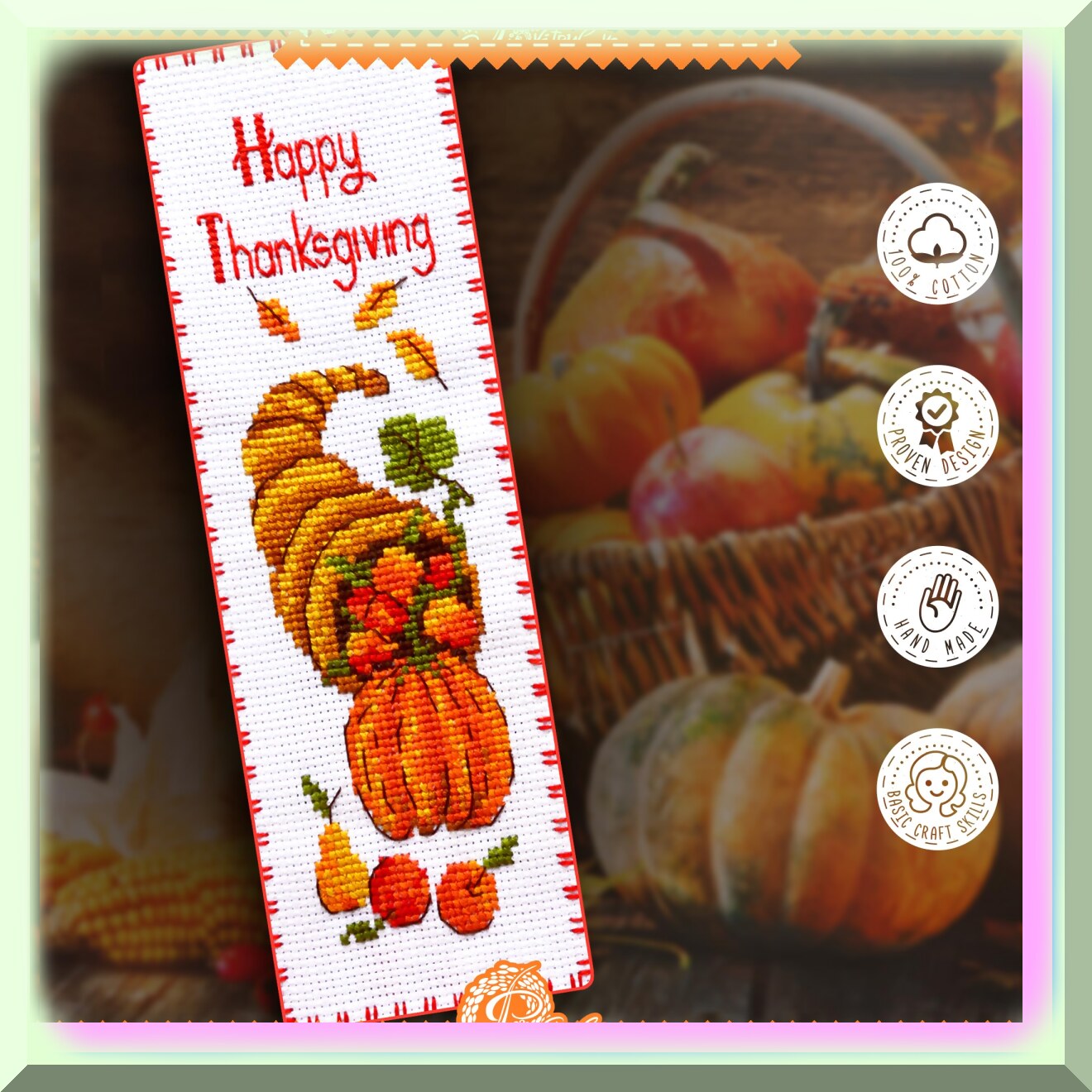 Thanksgiving Cross Stitch Kit with Pattern, Aida Fabric, Threads