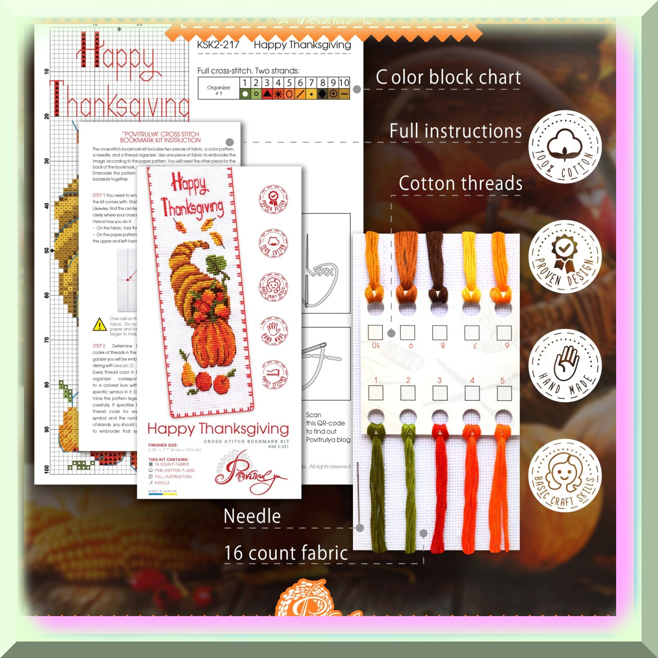 Thanksgiving Cross Stitch Kit with Pattern, Aida Fabric, Threads